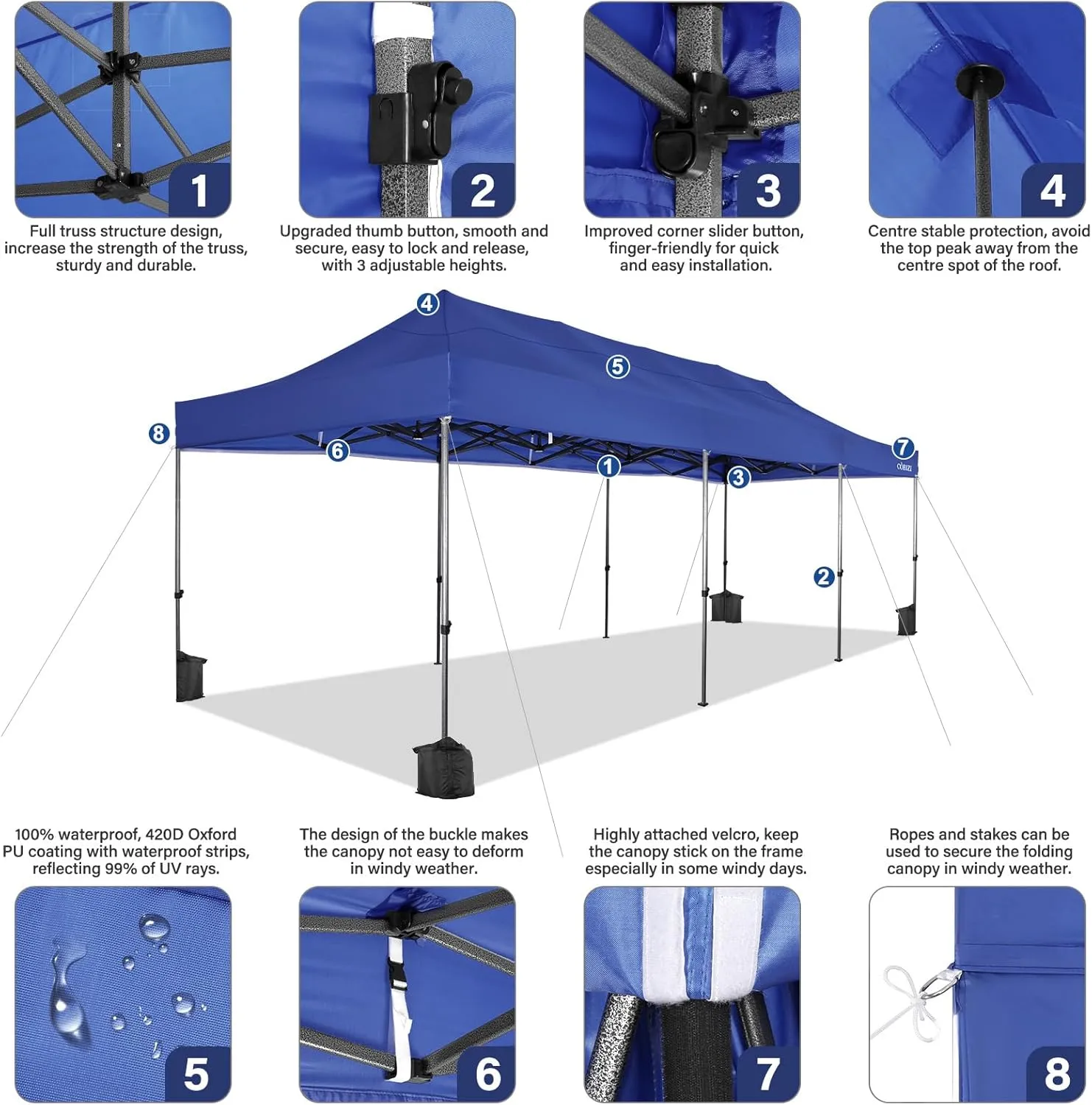 COBIZI 10x30 Pop up Canopy Tent Heavy Duty Without Sidewalls, Easy Set-up Commercial Outdoor Party Tent, 100% Waterproof Wedding Tent Gazebo, 3 Height Adjustable with Wheeled Bag, Dark Blue
