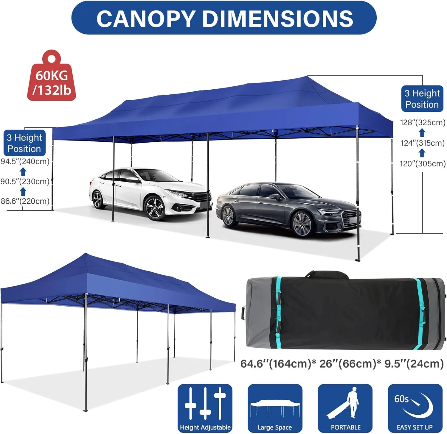 COBIZI 10x30 Pop up Canopy Tent Heavy Duty Without Sidewalls, Easy Set-up Commercial Outdoor Party Tent, 100% Waterproof Wedding Tent Gazebo, 3 Height Adjustable with Wheeled Bag, Dark Blue