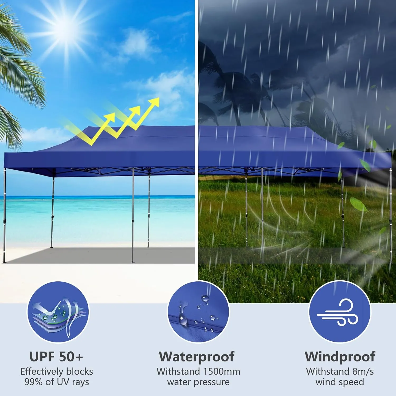 COBIZI 10x30 Pop up Canopy Tent Heavy Duty Without Sidewalls, Easy Set-up Commercial Outdoor Party Tent, 100% Waterproof Wedding Tent Gazebo, 3 Height Adjustable with Wheeled Bag, Dark Blue
