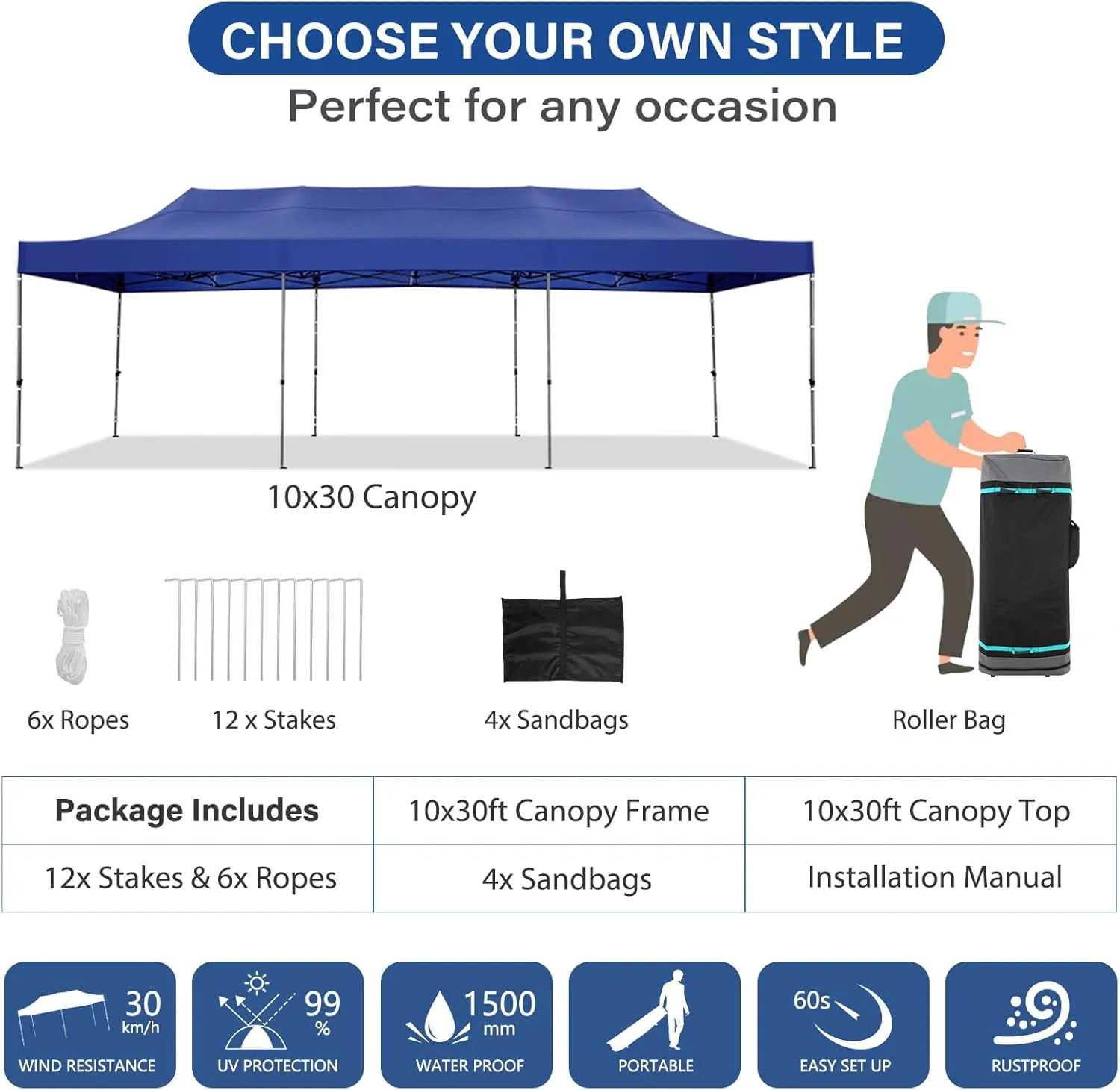 COBIZI 10x30 Pop up Canopy Tent Heavy Duty Without Sidewalls, Easy Set-up Commercial Outdoor Party Tent, 100% Waterproof Wedding Tent Gazebo, 3 Height Adjustable with Wheeled Bag, Dark Blue
