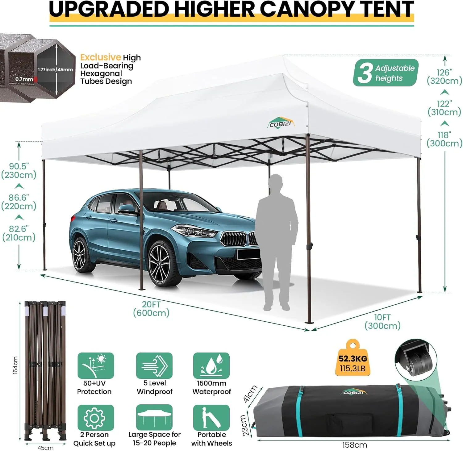 COBIZI Heavy Duty 10x20 Pop up Canopy Tent with 6 Sidewalls, Commercial Instant Canopies Tents for Parties Waterproof Gazebos with Roller Bag, All Season Wind & Waterproof UPF50 ,Thickened Frame