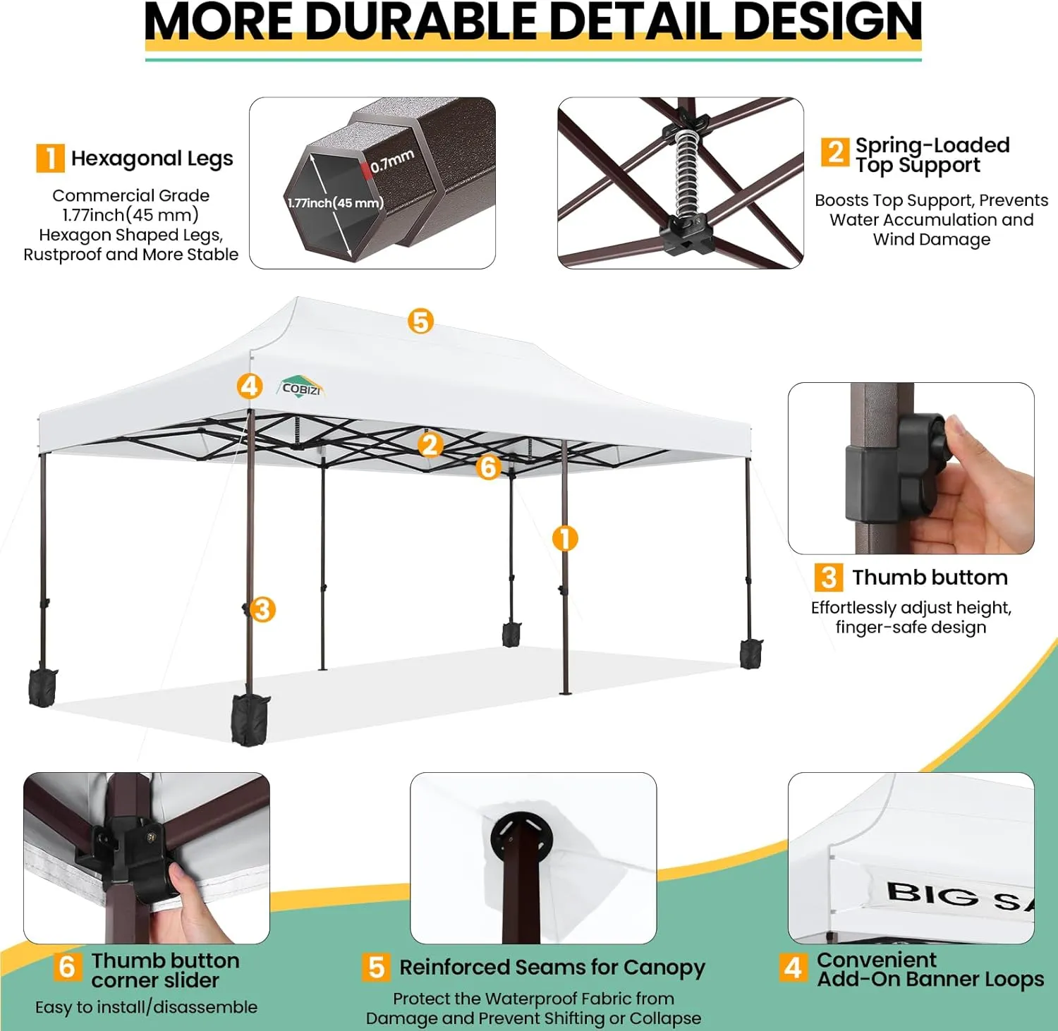COBIZI Heavy Duty 10x20 Pop up Canopy Tent with 6 Sidewalls, Commercial Instant Canopies Tents for Parties Waterproof Gazebos with Roller Bag, All Season Wind & Waterproof UPF50 ,Thickened Frame