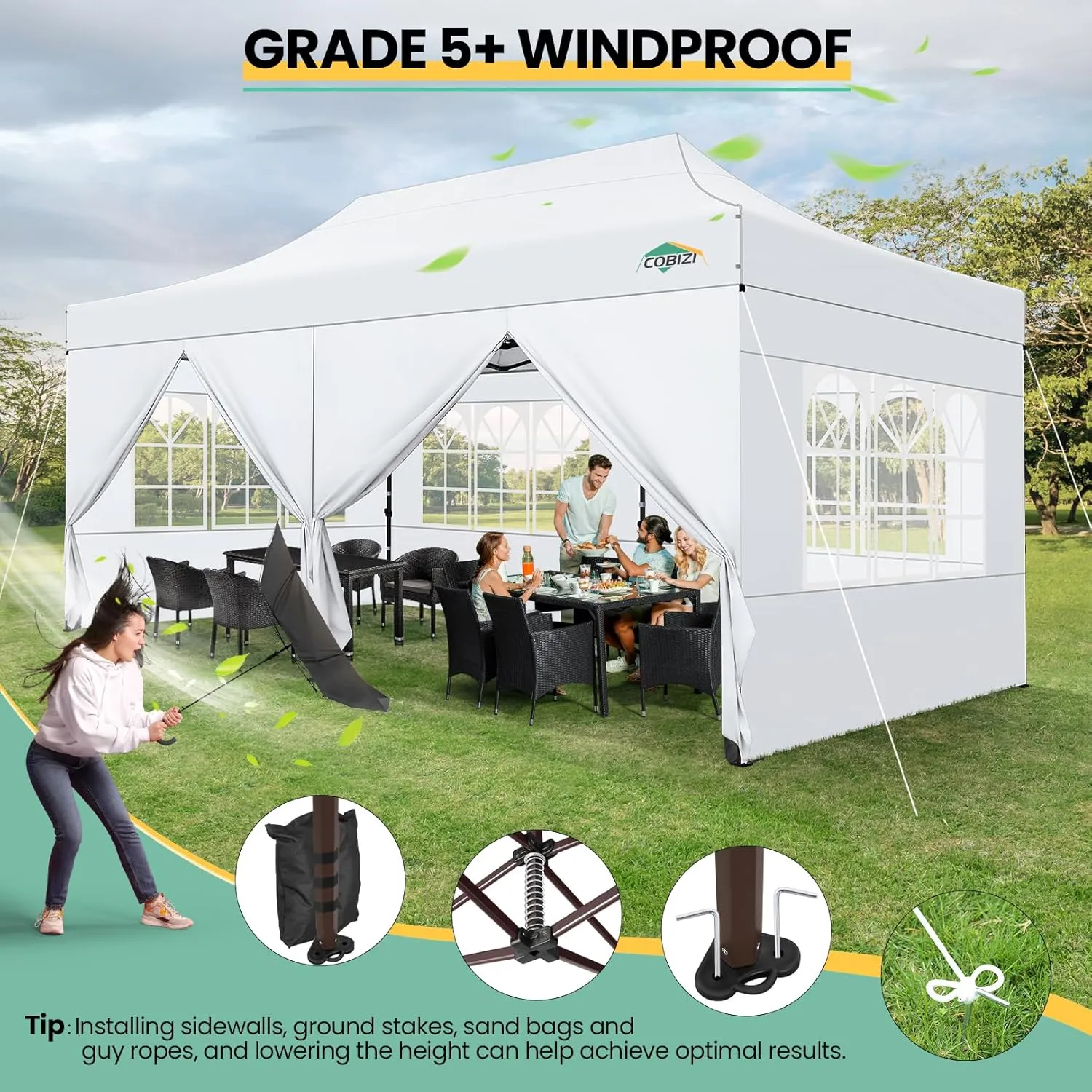 COBIZI Heavy Duty 10x20 Pop up Canopy Tent with 6 Sidewalls, Commercial Instant Canopies Tents for Parties Waterproof Gazebos with Roller Bag, All Season Wind & Waterproof UPF50 ,Thickened Frame