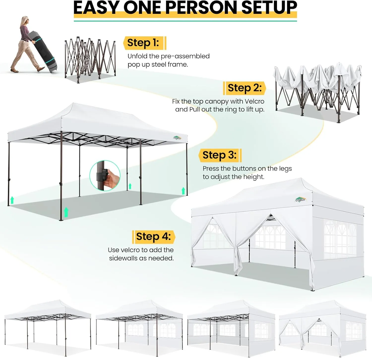 COBIZI Heavy Duty 10x20 Pop up Canopy Tent with 6 Sidewalls, Commercial Instant Canopies Tents for Parties Waterproof Gazebos with Roller Bag, All Season Wind & Waterproof UPF50 ,Thickened Frame