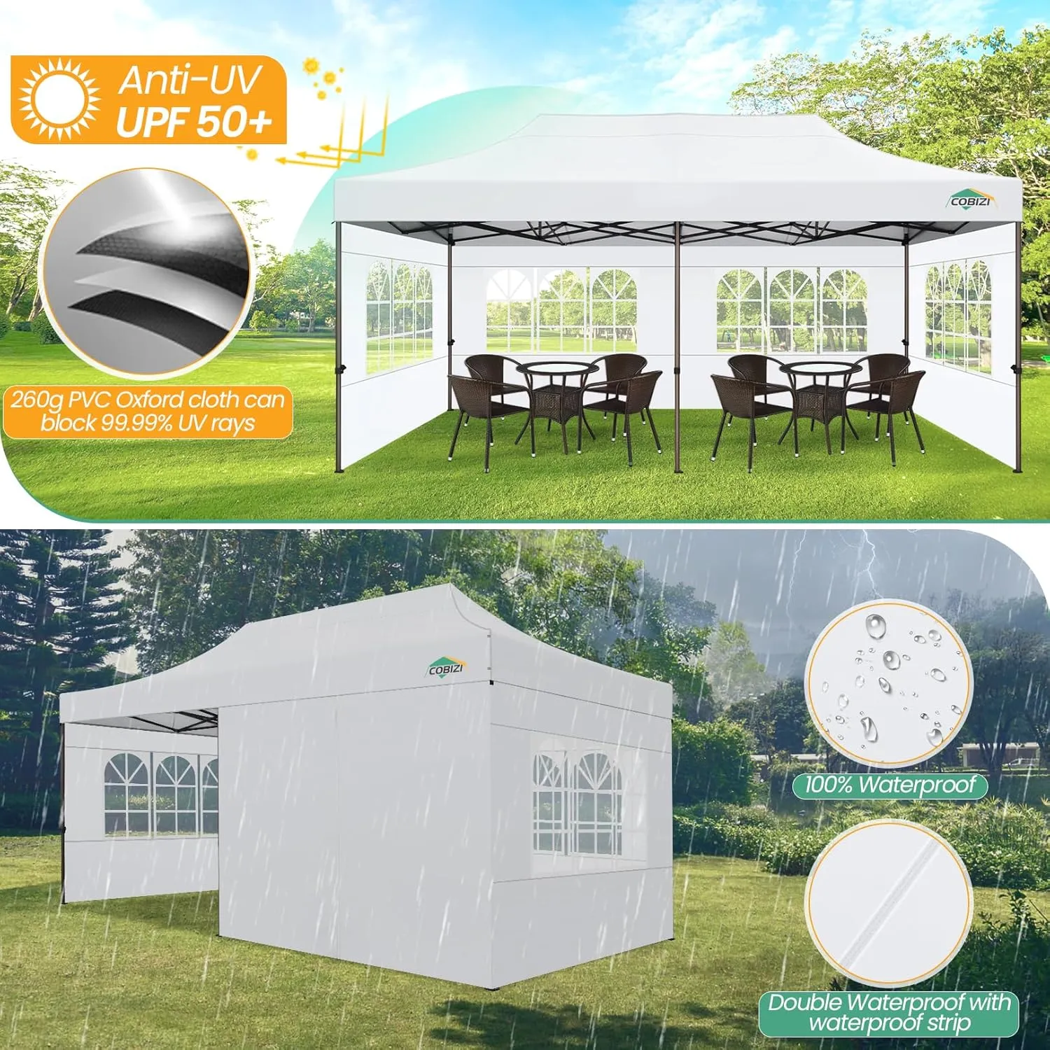 COBIZI Heavy Duty 10x20 Pop up Canopy Tent with 6 Sidewalls, Commercial Instant Canopies Tents for Parties Waterproof Gazebos with Roller Bag, All Season Wind & Waterproof UPF50 ,Thickened Frame