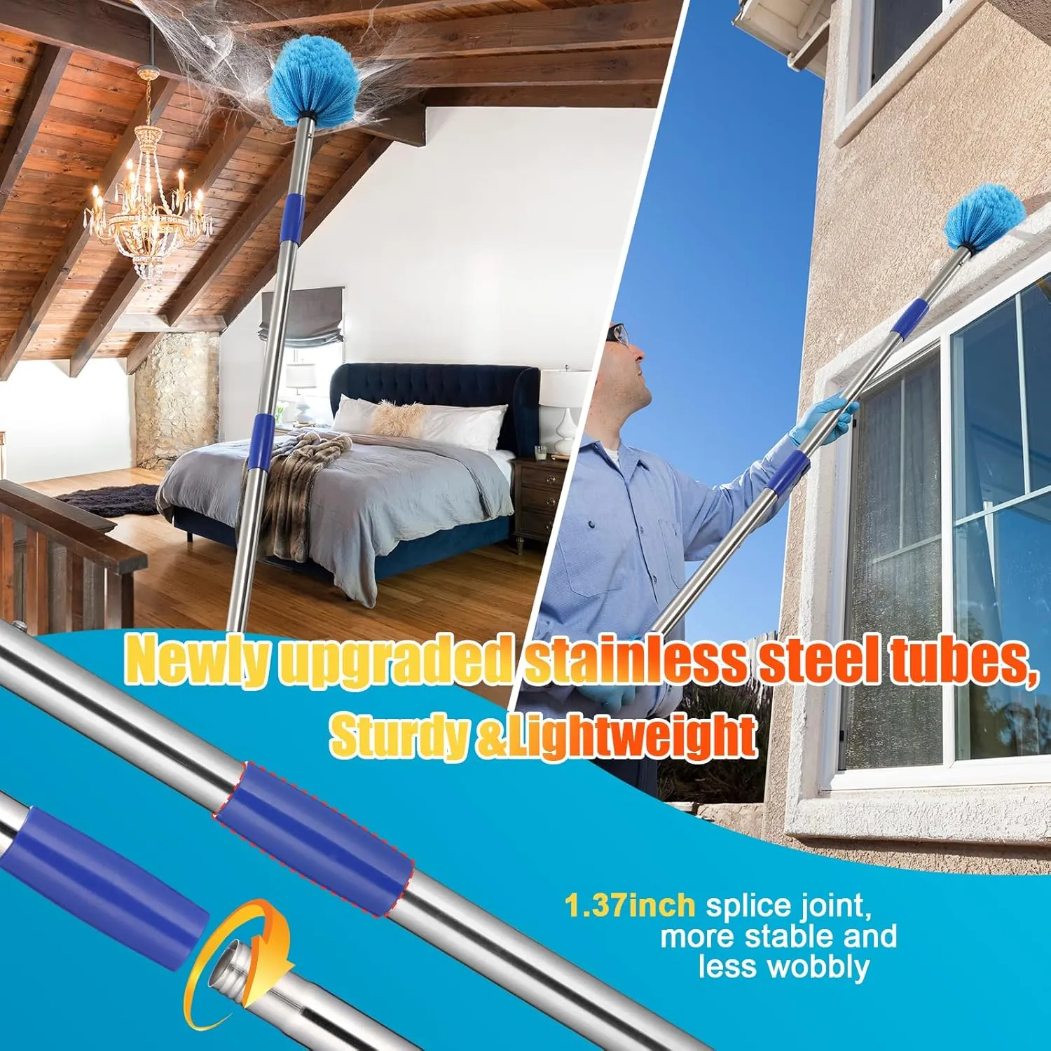 Cobweb Duster with Extension Pole - 4ft Spider Web Brush with Adjustable Pole,Non-Shedding Fluffy Bristles Cobweb Duster Head,Spider Web Cleaner Tool for Home,Ceiling,Outdoor Spiderweb Removal