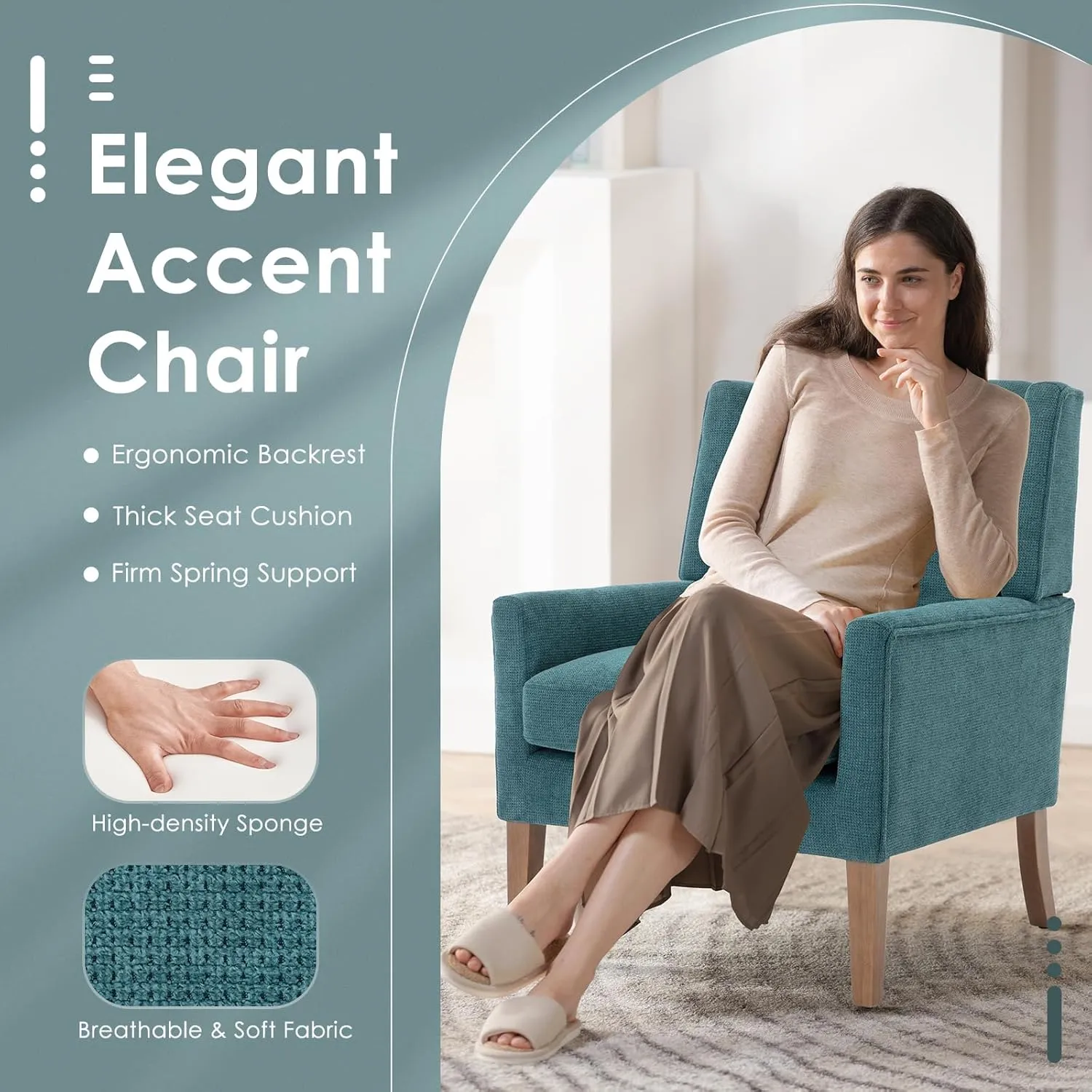 COLAMY Modern Wingback Living Room Chair, Upholstered Fabric Accent Armchair, Single Sofa Chair with Lounge Seat and Wood Legs for Bedroom/Office/Reading Spaces, Teal