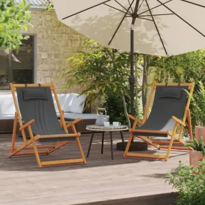 Comfortable Folding Beach Chairs for Relaxation, Adjustable Reclining Positions, Lightweight Eucalyptus Wood, Set of 2 - Gray Fabric