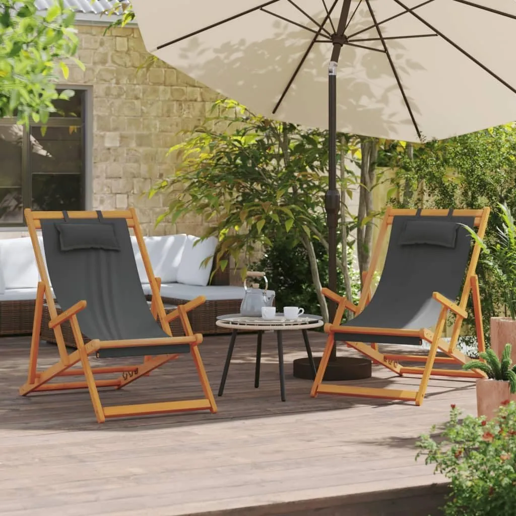 Comfortable Folding Beach Chairs for Relaxation, Adjustable Reclining Positions, Lightweight Eucalyptus Wood, Set of 2 - Gray Fabric