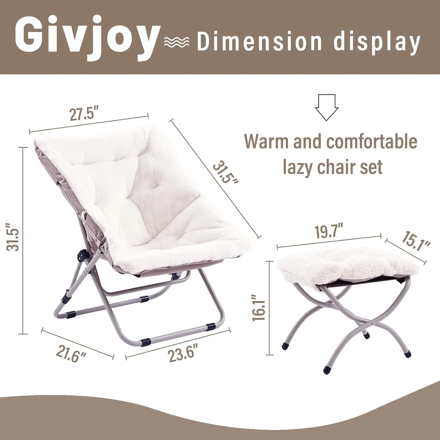 Comfy Folded Chair with Ottoman, Oversized Folding Faux Fur Chair Soft Furry Lounge Lazy Chair with Metal Frame Moon Chair Accent Chair for Bedroom, Living Room, Dorm Rooms