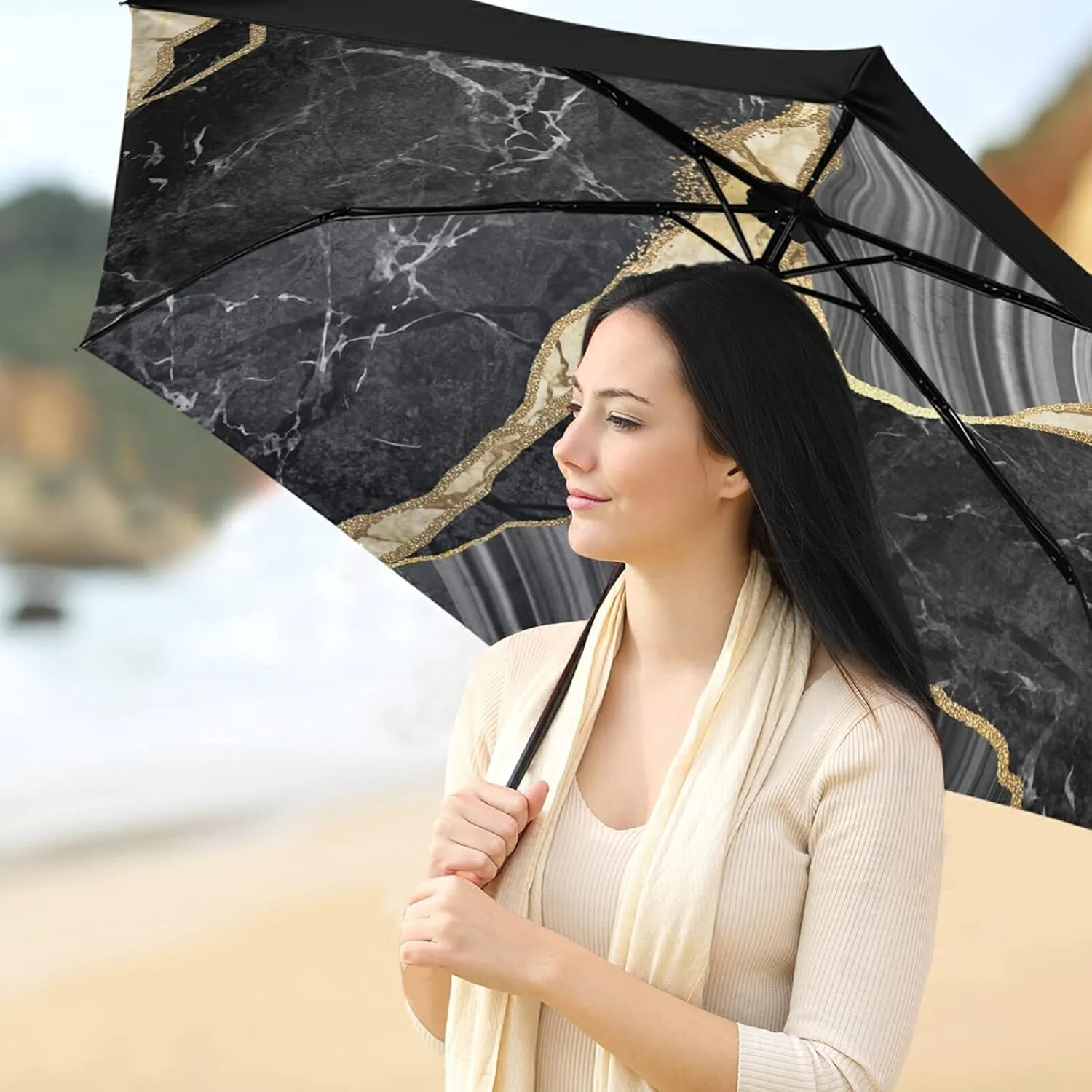 Compact Lightweight Folding Umbrella, Inner Print Sun Parasol with UV Protection, Strong Portable Travel Rain Umbrella
