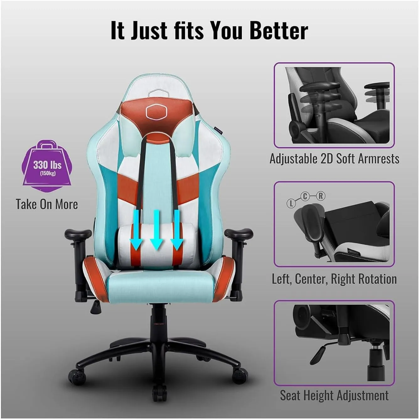 Cooler Master Caliber R2S Gaming Chair for Computer Game, Office and Racing Style Gamer, Comfy Ergonomic Reclining High Back Desk Chairs with Arms & Seat Adjustment Lumbar Support PU Leather, Kanagawa