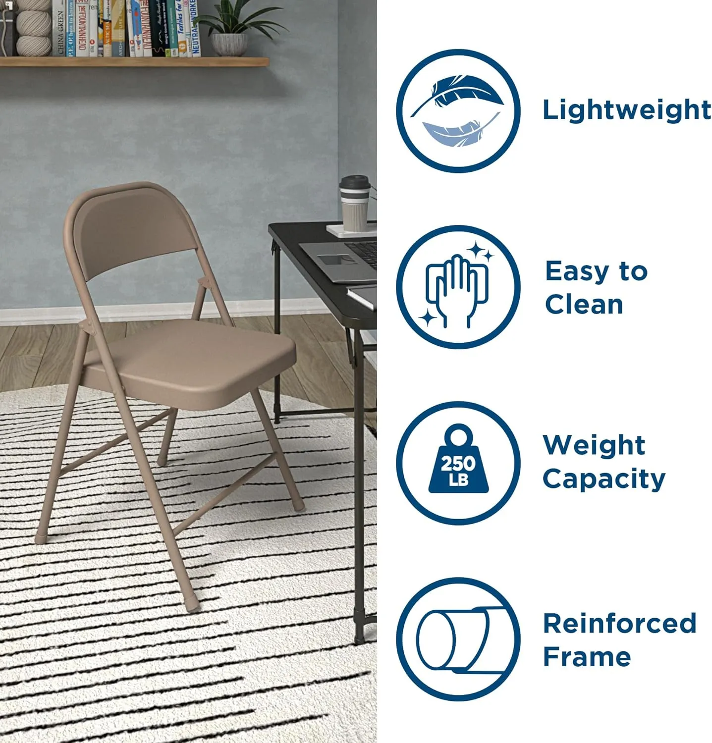 Cosco SmartFold All-Steel Folding Chair, 4-Pack, Antique Linen