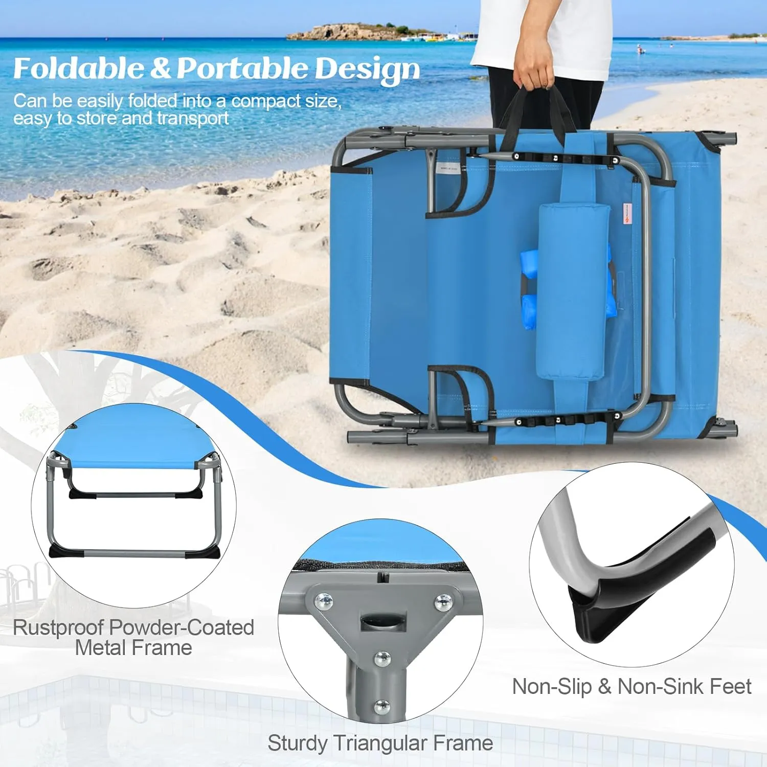 COSTWAY Folding Beach Lounge Chair, Tanning Chair with Face Hole, 5-Position Adjustable Backrest, Pillow & Side Pocket, Foldable Chaise Lounge Chair Outdoor for Sunbathing, Camping (1, Blue)