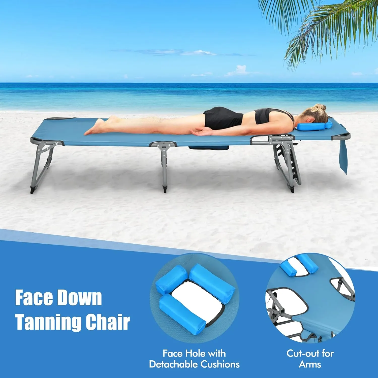 COSTWAY Folding Beach Lounge Chair, Tanning Chair with Face Hole, 5-Position Adjustable Backrest, Pillow & Side Pocket, Foldable Chaise Lounge Chair Outdoor for Sunbathing, Camping (1, Blue)