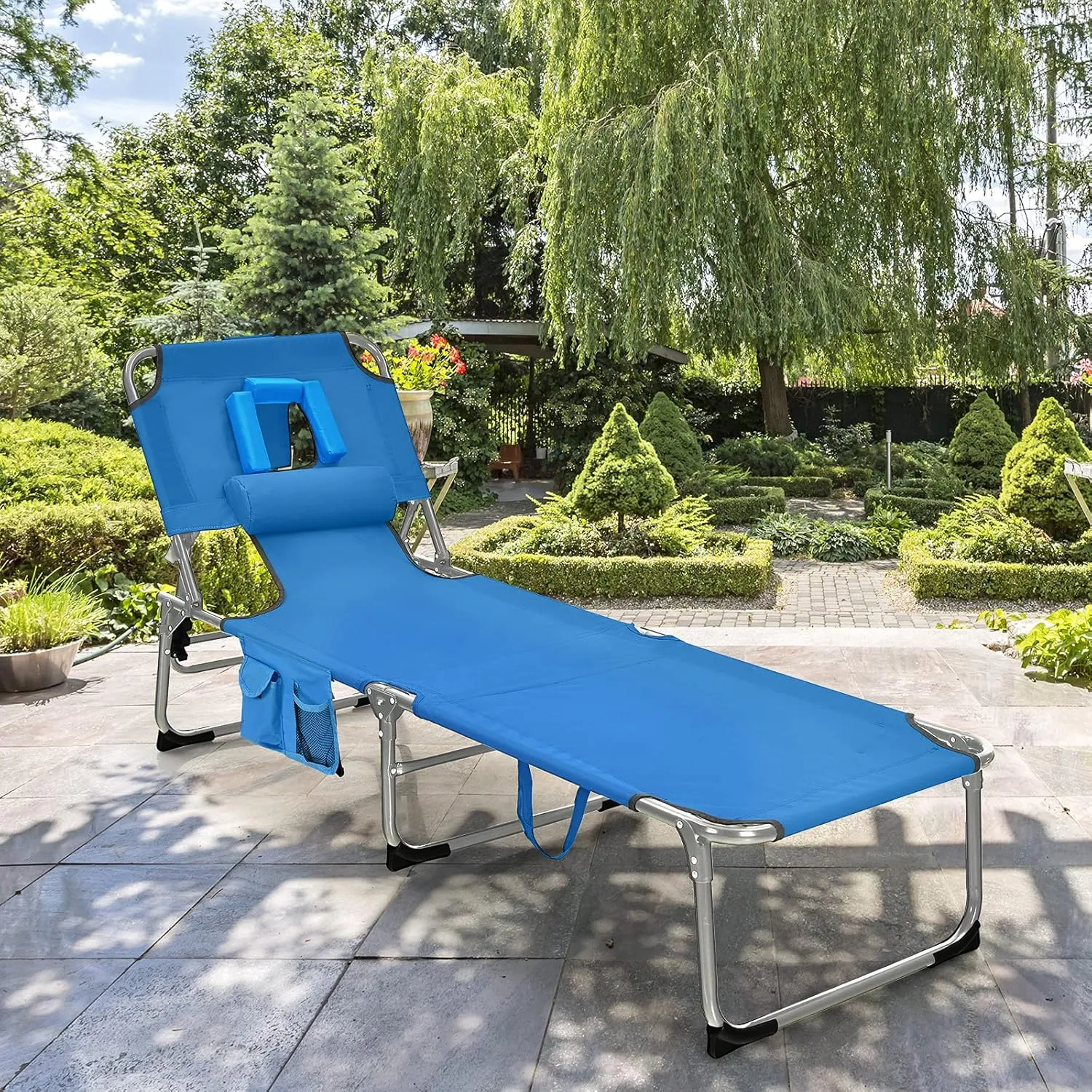 COSTWAY Folding Beach Lounge Chair, Tanning Chair with Face Hole, 5-Position Adjustable Backrest, Pillow & Side Pocket, Foldable Chaise Lounge Chair Outdoor for Sunbathing, Camping (1, Blue)