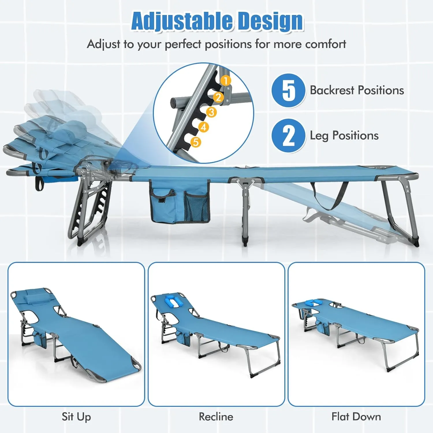 COSTWAY Folding Beach Lounge Chair, Tanning Chair with Face Hole, 5-Position Adjustable Backrest, Pillow & Side Pocket, Foldable Chaise Lounge Chair Outdoor for Sunbathing, Camping (1, Blue)