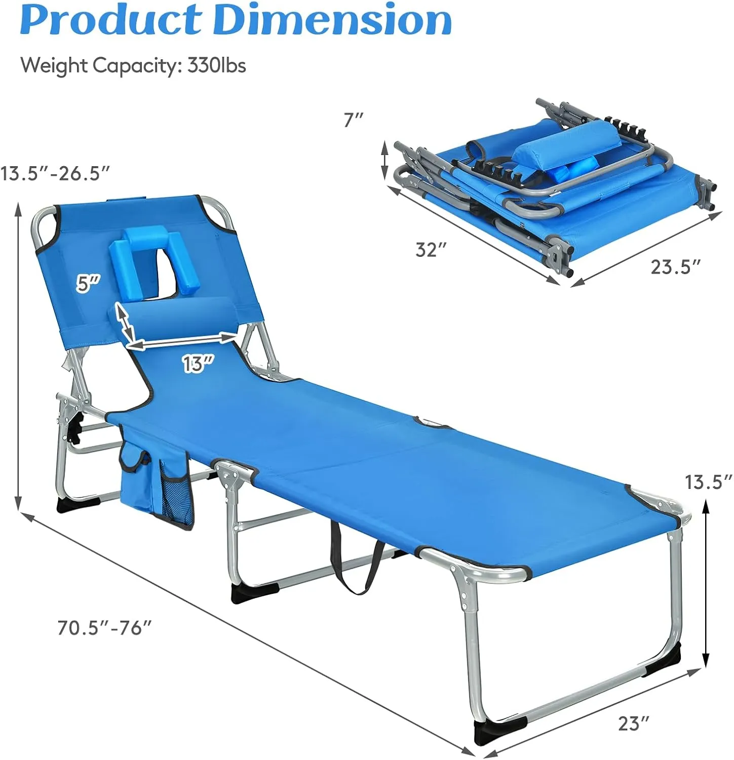 COSTWAY Folding Beach Lounge Chair, Tanning Chair with Face Hole, 5-Position Adjustable Backrest, Pillow & Side Pocket, Foldable Chaise Lounge Chair Outdoor for Sunbathing, Camping (1, Blue)