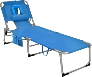 COSTWAY Folding Beach Lounge Chair, Tanning Chair with Face Hole, 5-Position Adjustable Backrest, Pillow & Side Pocket, Foldable Chaise Lounge Chair Outdoor for Sunbathing, Camping (1, Blue)