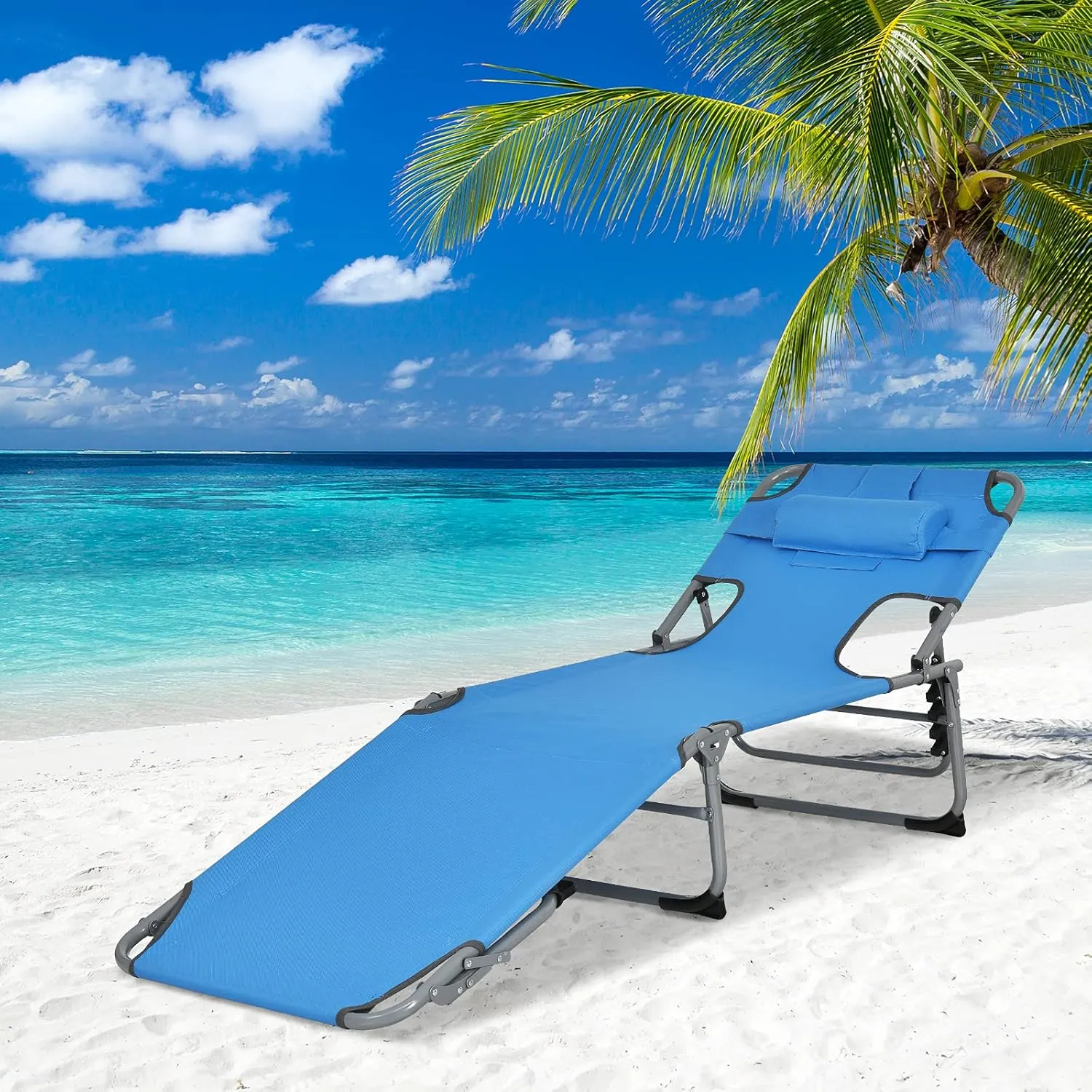 COSTWAY Folding Beach Lounge Chair, Tanning Chair with Face Hole, 5-Position Adjustable Backrest, Pillow & Side Pocket, Foldable Chaise Lounge Chair Outdoor for Sunbathing, Camping (1, Blue)