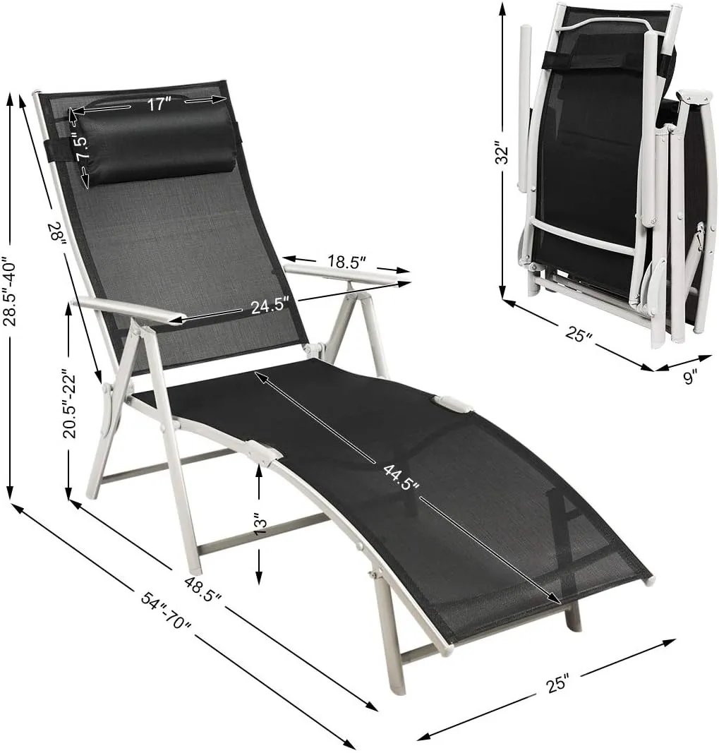 COSTWAY Outdoor Folding Chaise Lounge Chair, Lightweight 7-Gear Adjustable Recliner with Neck Pillow, No Assembly, Ideal for Deck, Patio (Black)
