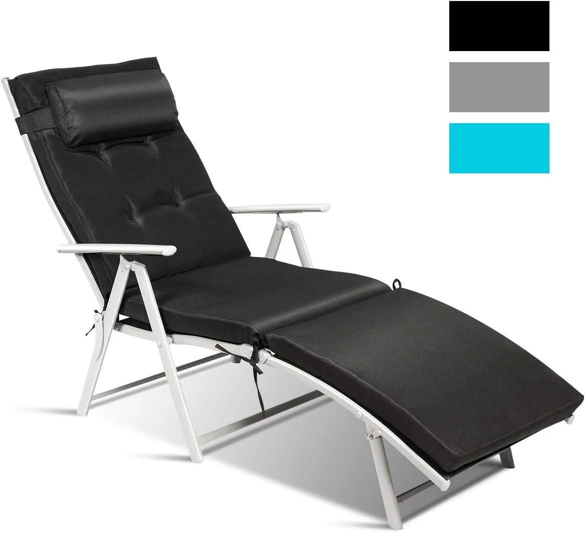 COSTWAY Outdoor Folding Chaise Lounge Chair, Lightweight 7-Gear Adjustable Recliner with Neck Pillow, No Assembly, Ideal for Deck, Patio (Black)
