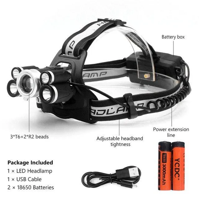 CREE 5*LED XML-T6 R2 Headlamp 3000 Lumens 5modes Zoomable Headlight Rechargeable Head Lamp flashlight 2*18650 Battery USB Cable