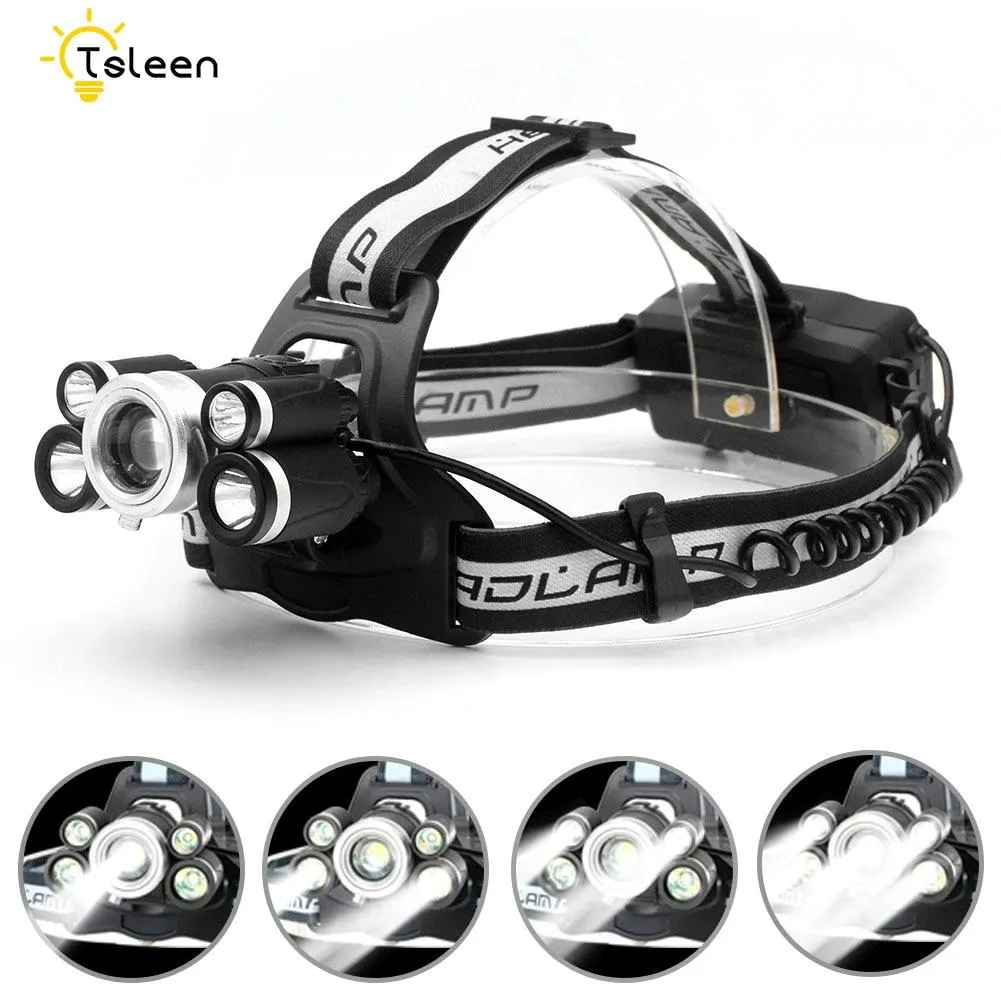 CREE 5*LED XML-T6 R2 Headlamp 3000 Lumens 5modes Zoomable Headlight Rechargeable Head Lamp flashlight 2*18650 Battery USB Cable