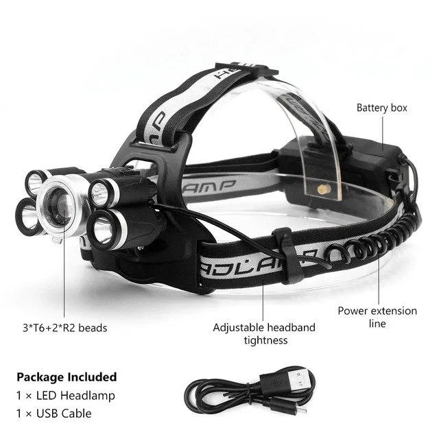 CREE 5*LED XML-T6 R2 Headlamp 3000 Lumens 5modes Zoomable Headlight Rechargeable Head Lamp flashlight 2*18650 Battery USB Cable