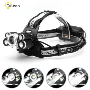 CREE 5*LED XML-T6 R2 Headlamp 3000 Lumens 5modes Zoomable Headlight Rechargeable Head Lamp flashlight 2*18650 Battery USB Cable