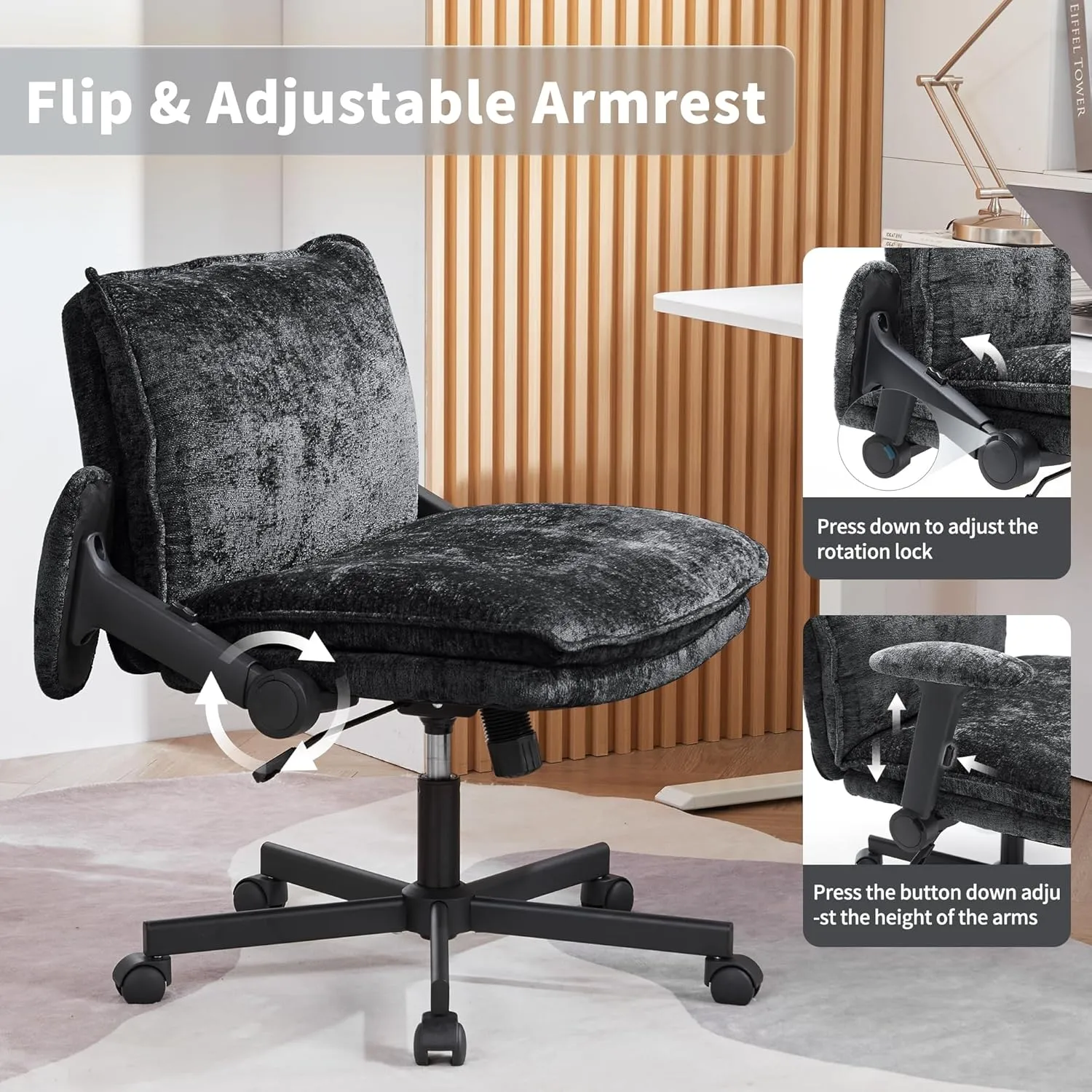 Cross Legged Office Chair with Wheels and Adjustable Flip-Arms, Criss Cross Desk Chair with Thick Cushion, Wide Seat Office Chair for Home Office, Apartment, Bedroom, Black