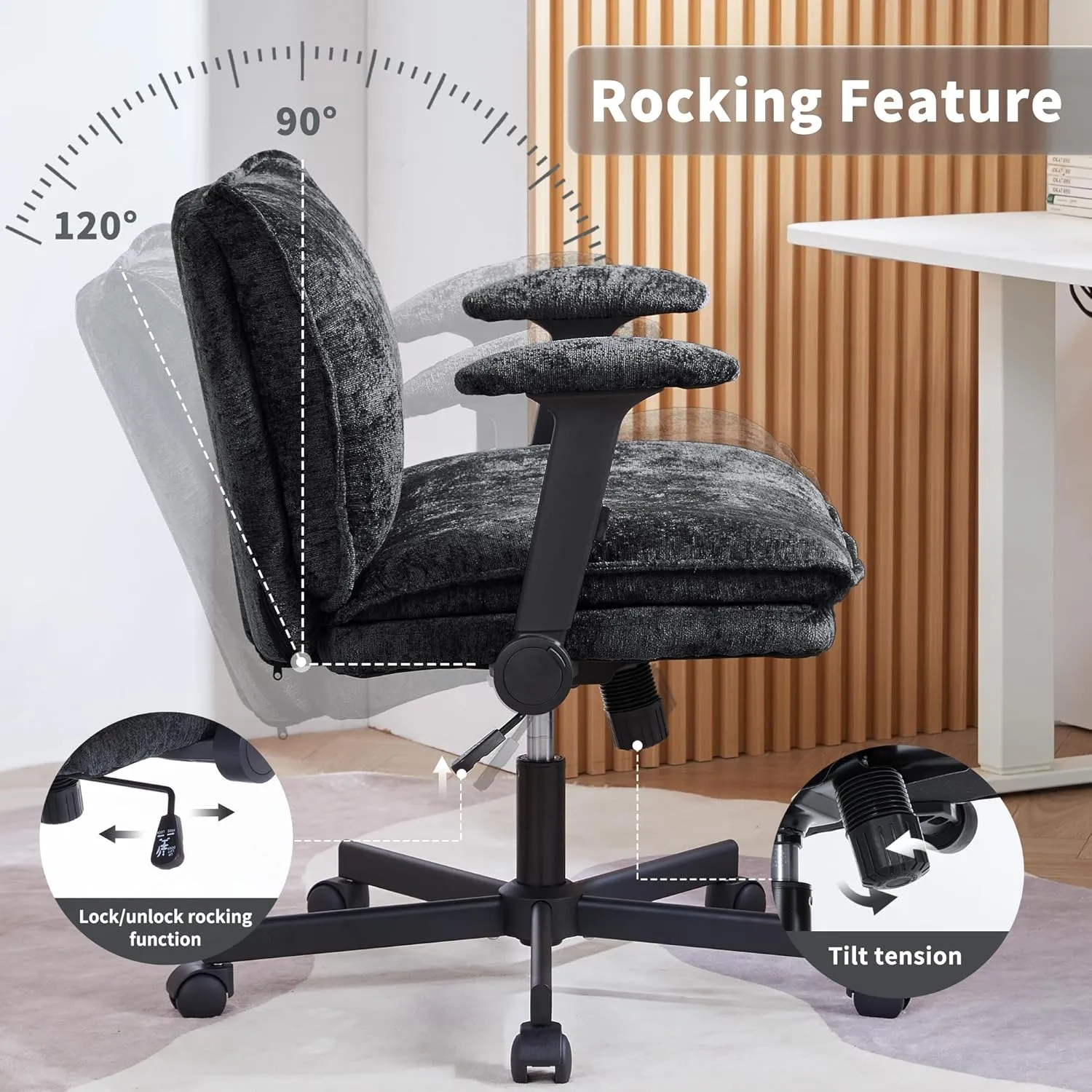 Cross Legged Office Chair with Wheels and Adjustable Flip-Arms, Criss Cross Desk Chair with Thick Cushion, Wide Seat Office Chair for Home Office, Apartment, Bedroom, Black