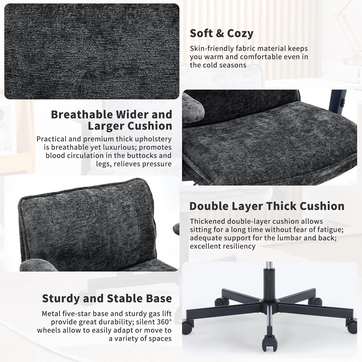 Cross Legged Office Chair with Wheels and Adjustable Flip-Arms, Criss Cross Desk Chair with Thick Cushion, Wide Seat Office Chair for Home Office, Apartment, Bedroom, Black