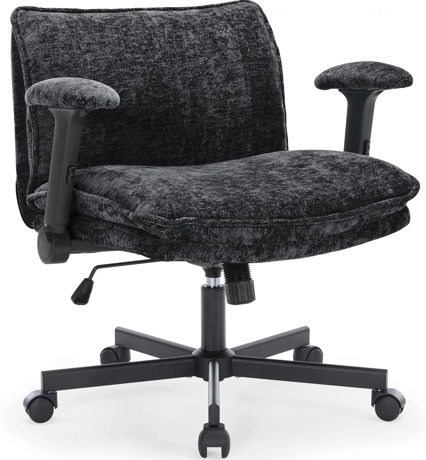 Cross Legged Office Chair with Wheels and Adjustable Flip-Arms, Criss Cross Desk Chair with Thick Cushion, Wide Seat Office Chair for Home Office, Apartment, Bedroom, Black