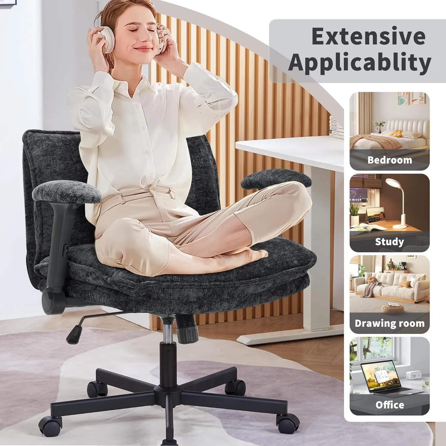 Cross Legged Office Chair with Wheels and Adjustable Flip-Arms, Criss Cross Desk Chair with Thick Cushion, Wide Seat Office Chair for Home Office, Apartment, Bedroom, Black
