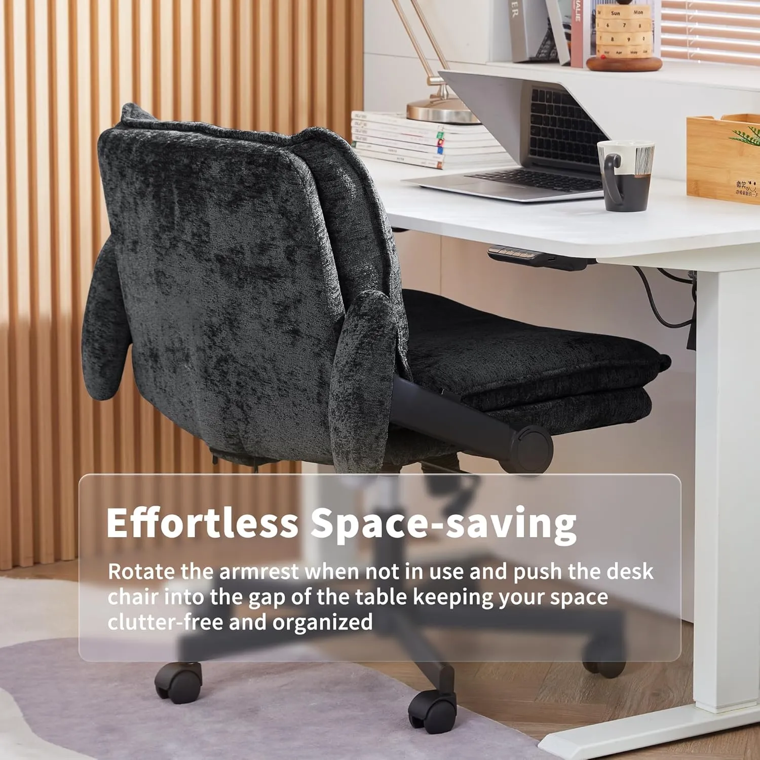 Cross Legged Office Chair with Wheels and Adjustable Flip-Arms, Criss Cross Desk Chair with Thick Cushion, Wide Seat Office Chair for Home Office, Apartment, Bedroom, Black