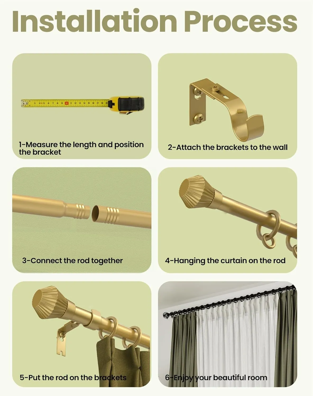 Curtain Rods for Windows 66 to 120 Inch, Gold Curtain Rod with 1 Inch Diameter, Adjustable Drapery Rods with Exquisite Finial for Living Room, Bedroom, Kitchen, Outdoor Patio, Gold