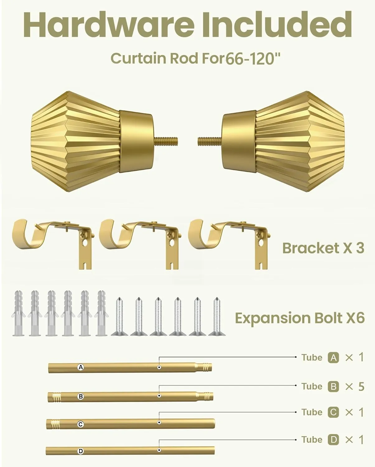 Curtain Rods for Windows 66 to 120 Inch, Gold Curtain Rod with 1 Inch Diameter, Adjustable Drapery Rods with Exquisite Finial for Living Room, Bedroom, Kitchen, Outdoor Patio, Gold