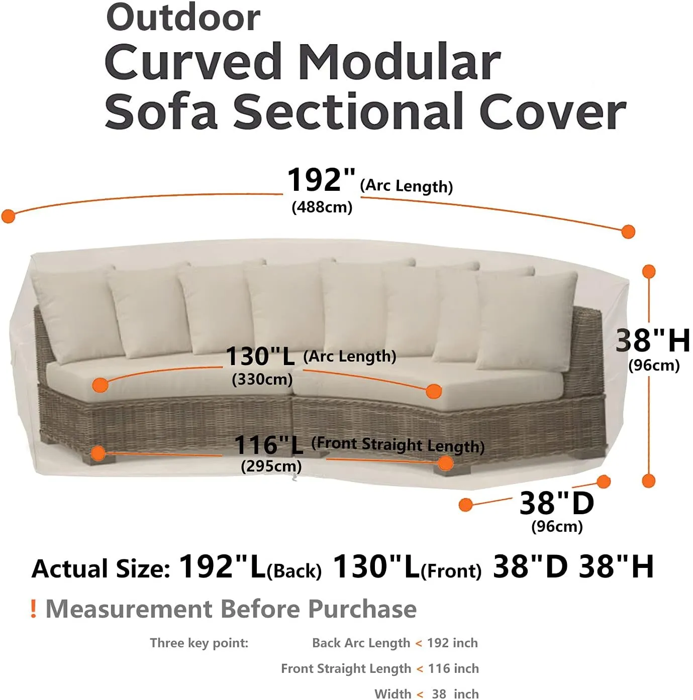 Curved Patio Furniture Cover for Outdoor Sectional Sofa, 190"(128") Reinforced Waterproof 600D Patio Sectional Couch Cover, Half Moon Lawn Outside Garden Furniture Winter Protective Cover