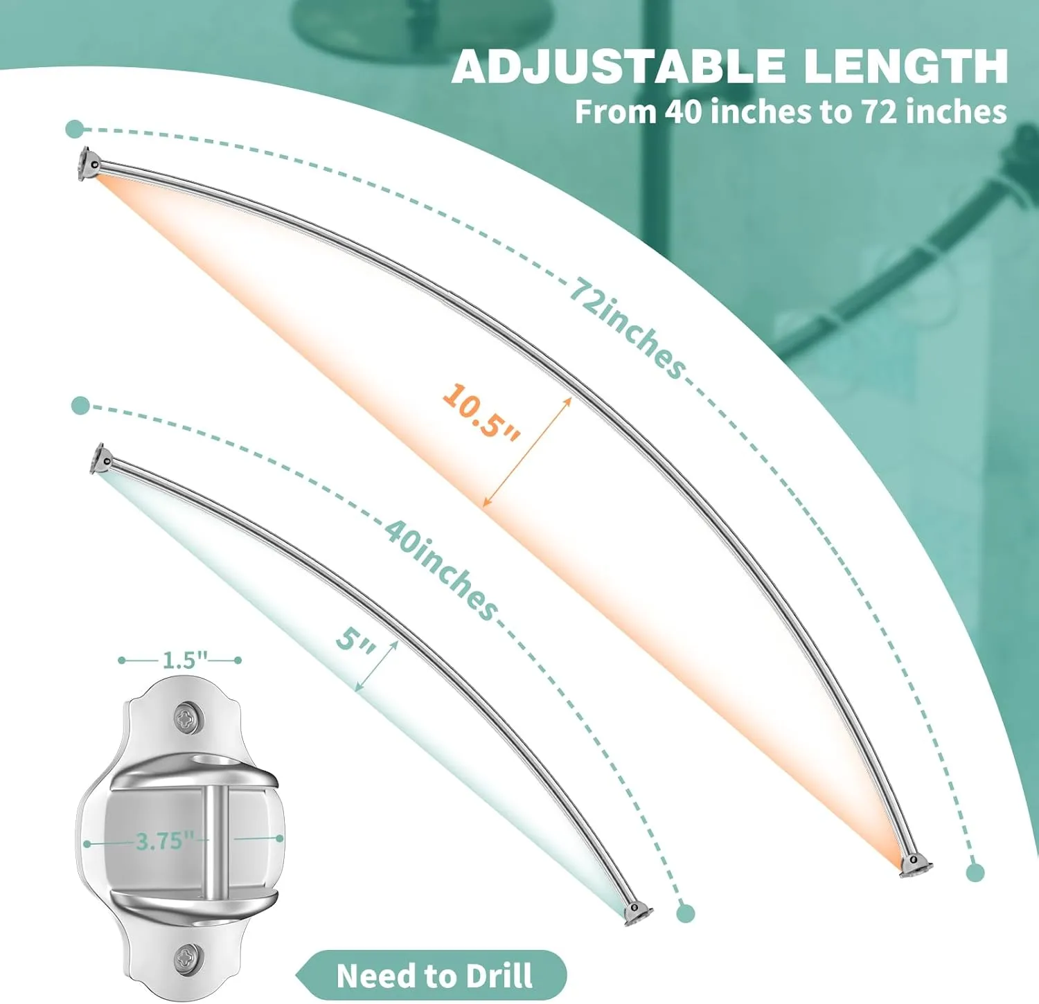 Curved Shower Curtain Rod, Adjustable 40-72 inches Extra Wide Curved Shower Rods for Bathroom, Rust proof Shower Rod, Stainless Steel Curved Curtain Rod for Shower, Bathtub, Brushed Nickel