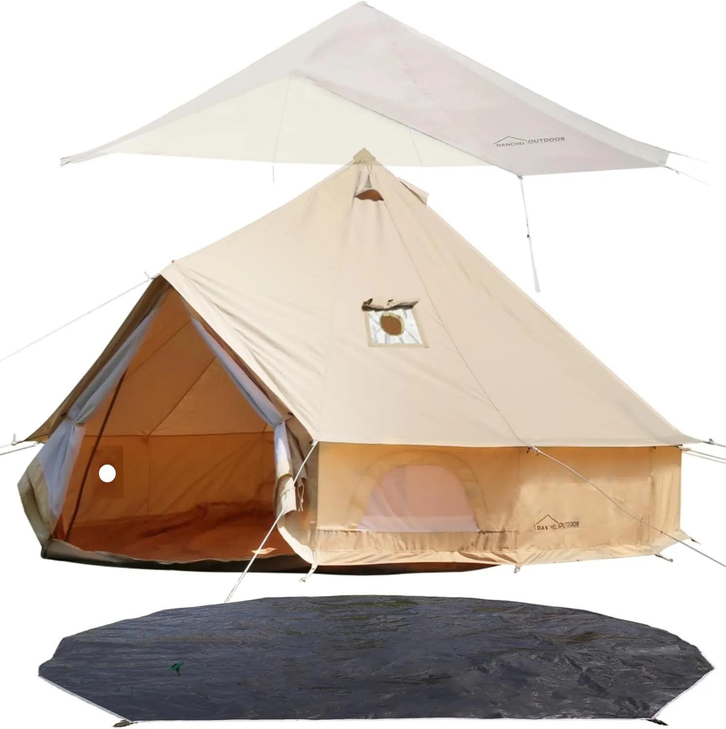 DANCHEL OUTDOOR Waterproof Bell Tent with Stove Jack, 4 Season Rain Fly, Yurt Tent Footprint Tarp for 4 Person Glamping Camping, 4m/13ft Khaki
