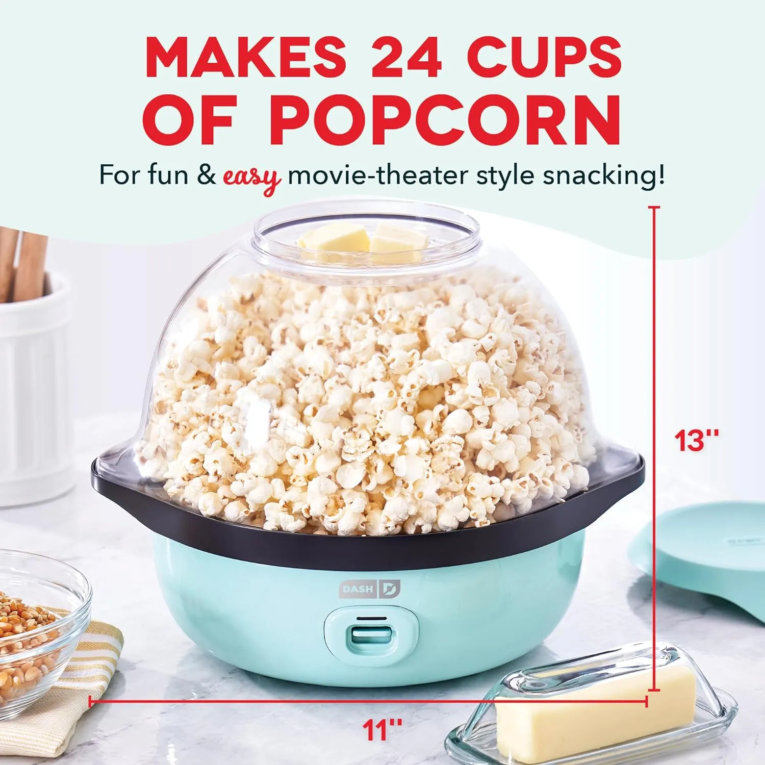 DASH SmartStore™ Deluxe Stirring Popcorn Maker, Hot Oil Electric Popcorn Machine with Large Lid for Serving Bowl and Convenient Storage, 24 Cups – Aqua