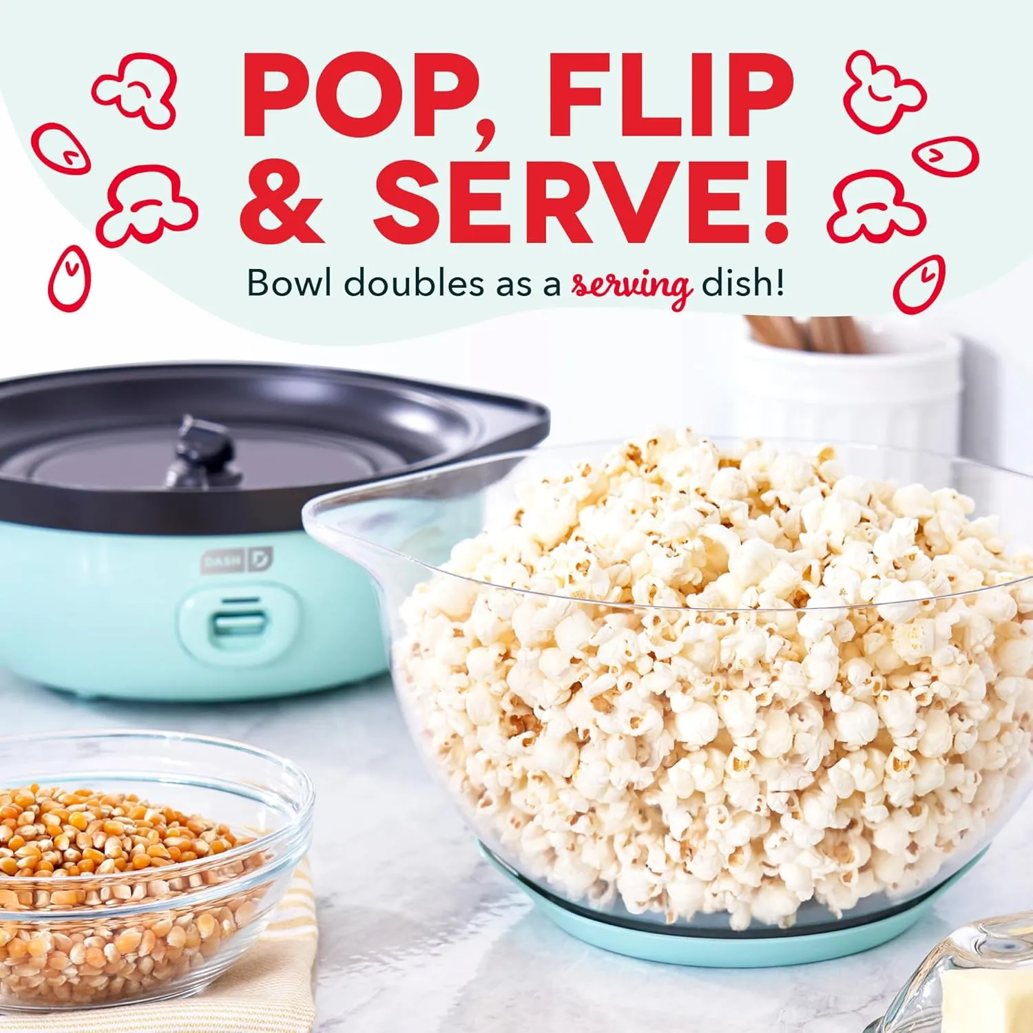 DASH SmartStore™ Deluxe Stirring Popcorn Maker, Hot Oil Electric Popcorn Machine with Large Lid for Serving Bowl and Convenient Storage, 24 Cups – Aqua