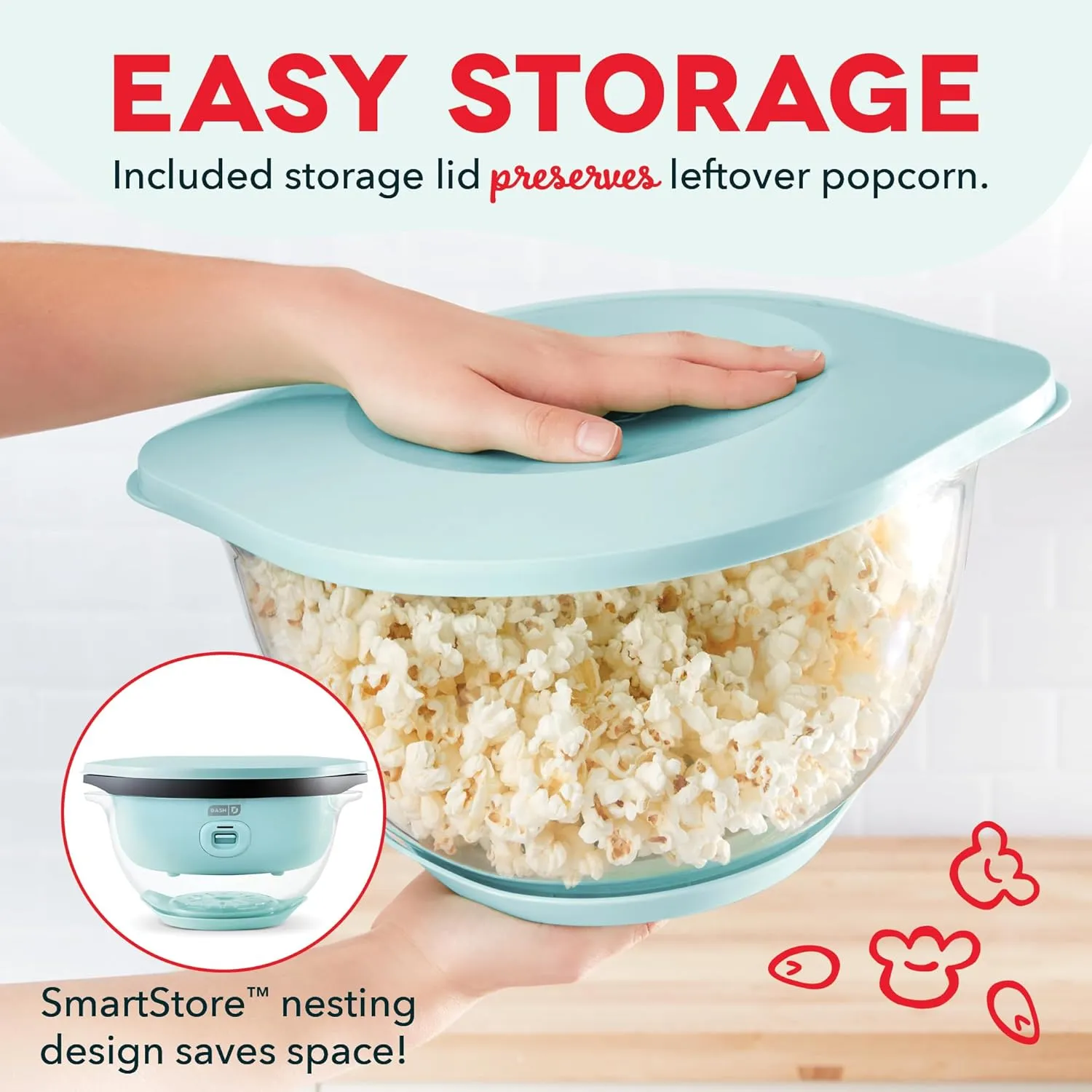 DASH SmartStore™ Deluxe Stirring Popcorn Maker, Hot Oil Electric Popcorn Machine with Large Lid for Serving Bowl and Convenient Storage, 24 Cups – Aqua