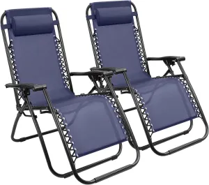 Devoko Patio Zero Gravity Chair Outdoor Folding Adjustable Reclining Chairs Pool Side Using Lawn Lounge Chair with Pillow Set of 2 (Dark Blue)