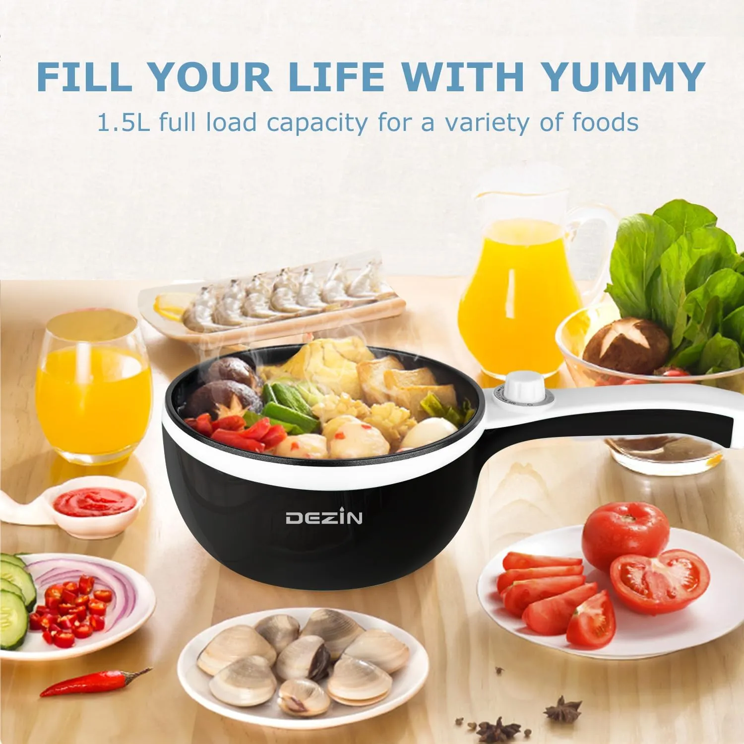 DEZIN Hot Pot Electric Upgraded, Non-Stick Sauté Pan, Rapid Noodles Electric Pot, 1.5L Mini Portable Hot Pot for Steak, Egg, Fried Rice, Ramen, Oatmeal, Soup with Power Adjustment
