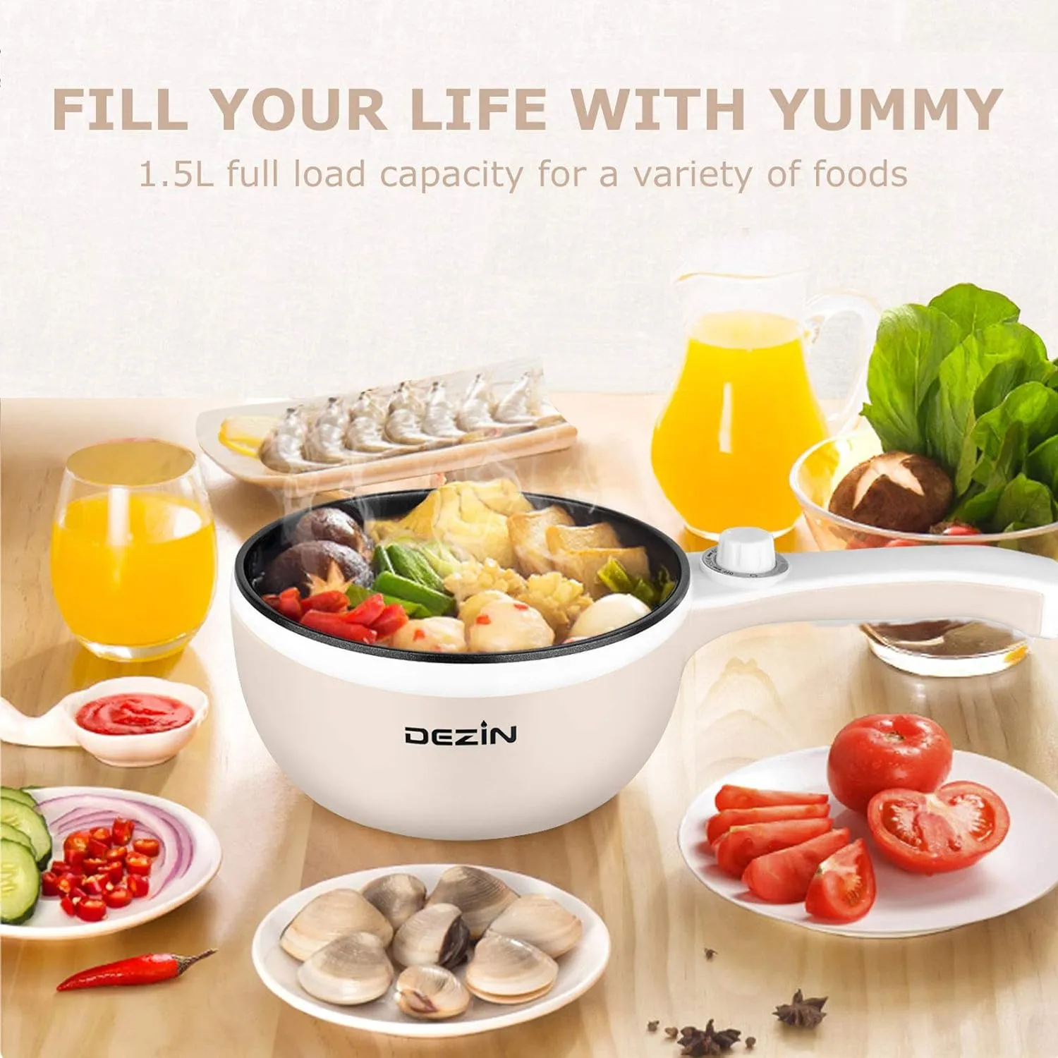 Dezin Hot Pot Electric Upgraded, Non-Stick Sauté Pan, Rapid Noodles Electric Pot, 1.5L Mini Portable Hot Pot for Steak, Egg, Fried Rice, Ramen, Oatmeal, Soup with Power Adjustment