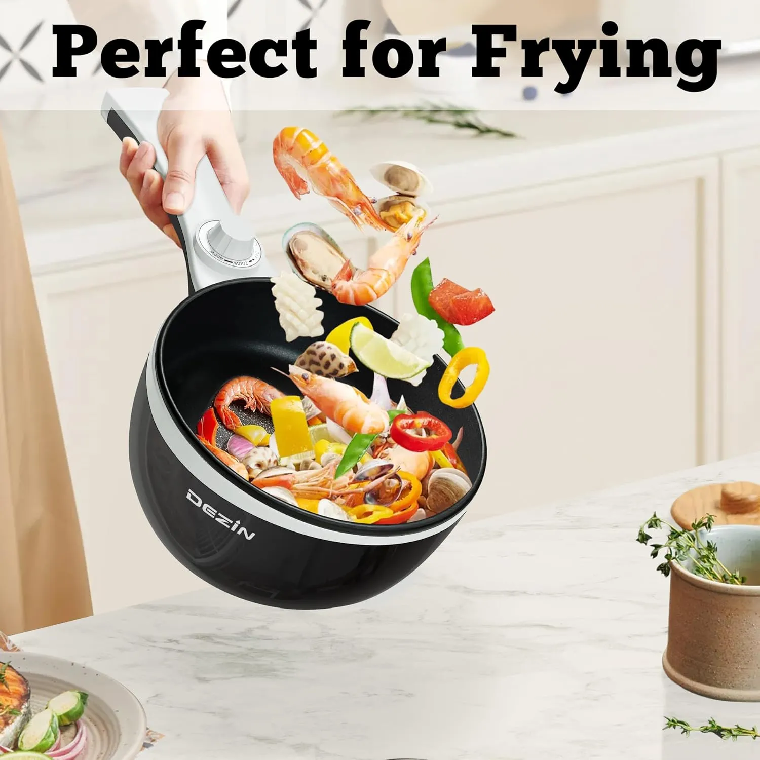 DEZIN Hot Pot Electric Upgraded, Non-Stick Sauté Pan, Rapid Noodles Electric Pot, 1.5L Mini Portable Hot Pot for Steak, Egg, Fried Rice, Ramen, Oatmeal, Soup with Power Adjustment