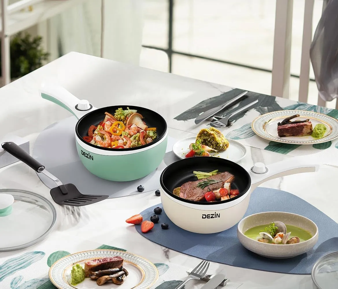 Dezin Hot Pot Electric Upgraded, Non-Stick Sauté Pan, Rapid Noodles Electric Pot, 1.5L Mini Portable Hot Pot for Steak, Egg, Fried Rice, Ramen, Oatmeal, Soup with Power Adjustment