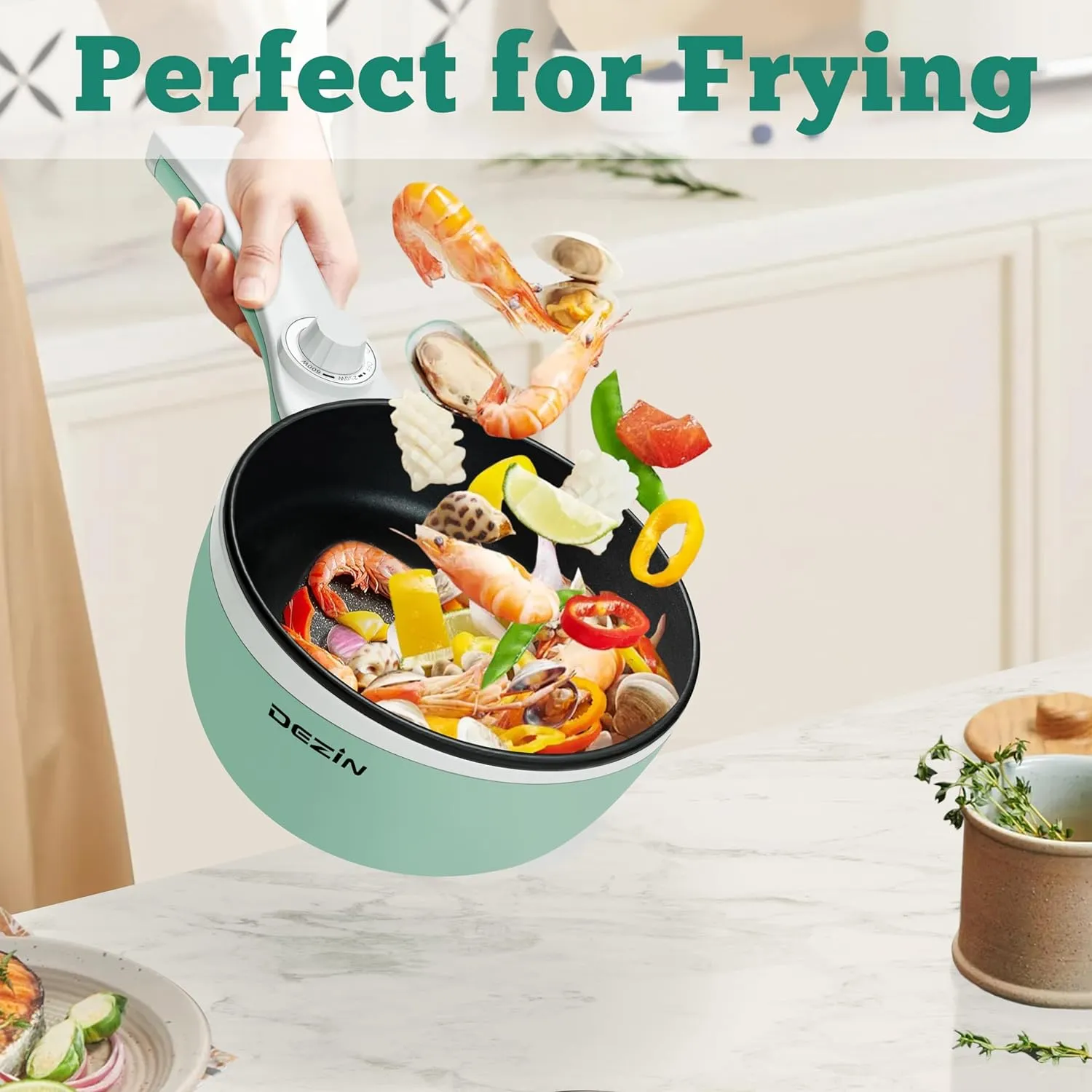 Dezin Hot Pot Electric Upgraded, Non-Stick Sauté Pan, Rapid Noodles Electric Pot, 1.5L Mini Portable Hot Pot for Steak, Egg, Fried Rice, Ramen, Oatmeal, Soup with Power Adjustment